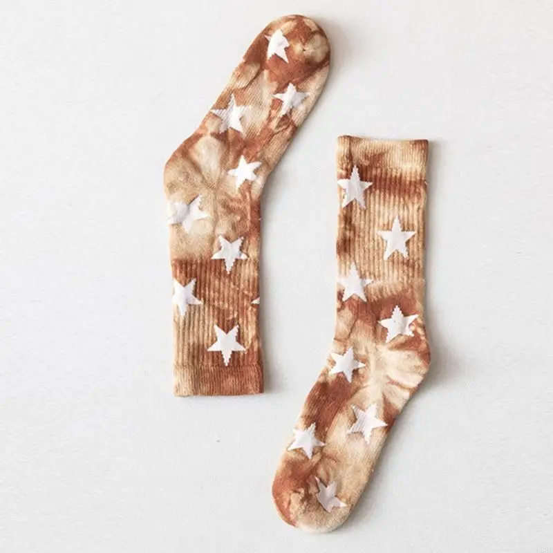 L38E Unisex Star Gradient Tie-Dye Print Socks Winter Warm Terry Hip Hop Street Skateboard Basketball Cotton Hosiery