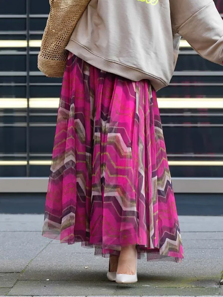 Simple Loose Printing Fashion Holiday Skirts, Women Spring Autumn Gauze Patchwork Maxi Skirts, Casual Holiday Chic Ladies Skirts