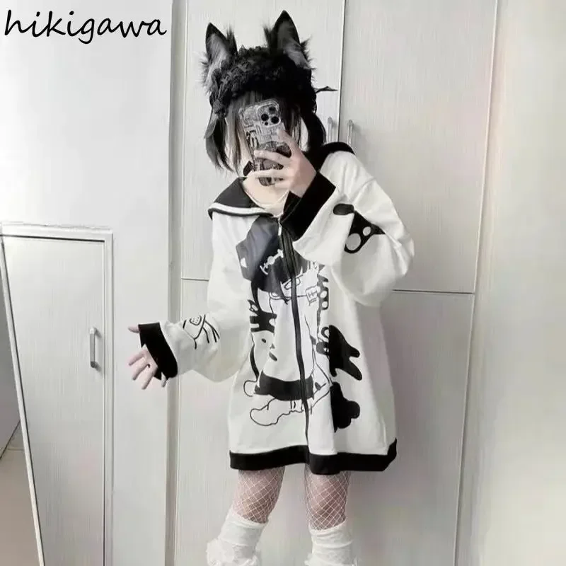 Sweet Hoodie Women Cat Ear Sailor Collar Long Sleeve Print Y2k Oversized Tops Clothes for Teens Thick Casual Japanese Sweatshirt