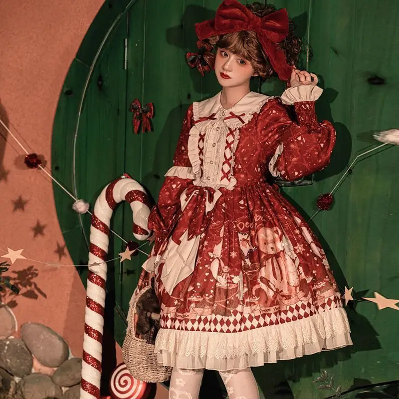 Sweet Bear Ear Gift Op Long-sleeved Cute Cape Cloak Lolita Dress Winter Daily Doll Collar Red New Year Kawaii Christmas
