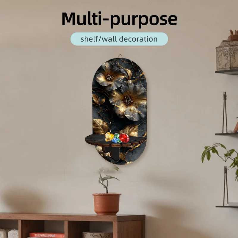 2D Printed Floral Metallic Decorative Wall Shelf Crystal Display Stand Multi Functional Storage Rack, New Year Valentine Gift,