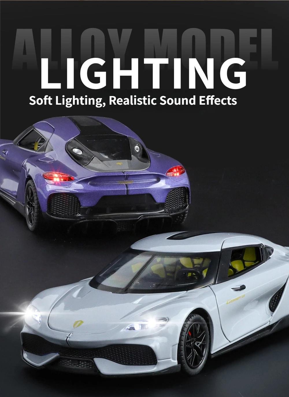 โมเดลรถสปอร์ตโลหะผสม 1:24 โคเอนิกเซ็ก จีมินี พร้อมเสียง แสง ฟังก์ชั่นเปิดประตู และฟังก์ชั่นดึงหลังสำหรับเด็ก