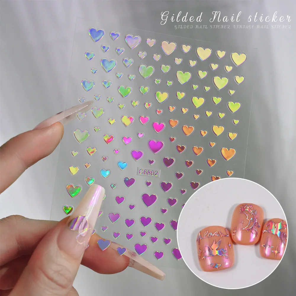 믹스 6pcs 3D 골드 실버 하트 네일 스티커 금속 효과 홀로그램 카와이 러브 네일 장식 데칼 매니큐어 슬라이더
