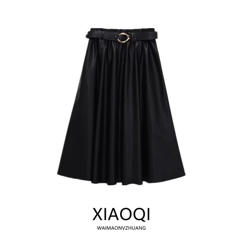 

Winter New Arrival Women's Leather Effect Cloak Sle Midi Skirt with Belt Faionable Ci Commute A-Line Loose Fit Skirt