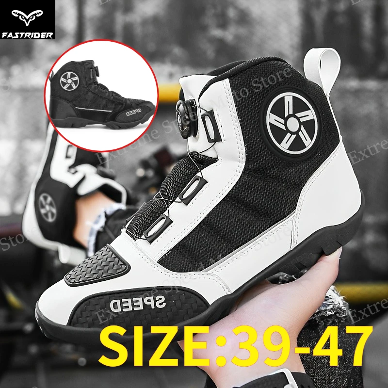 Quick-Lock Motorcycle Boots, Black & White Anti-Slip Street Riding Boots with Breathable Mesh, for Urban Commuting