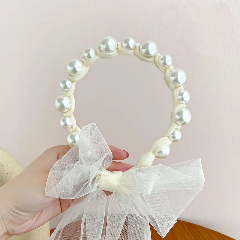 Children Pearl Streamer Headbands Princess Solid Organza Braided Bowknot Hairbands for Baby Girls Hair Hoops Hair Accessories