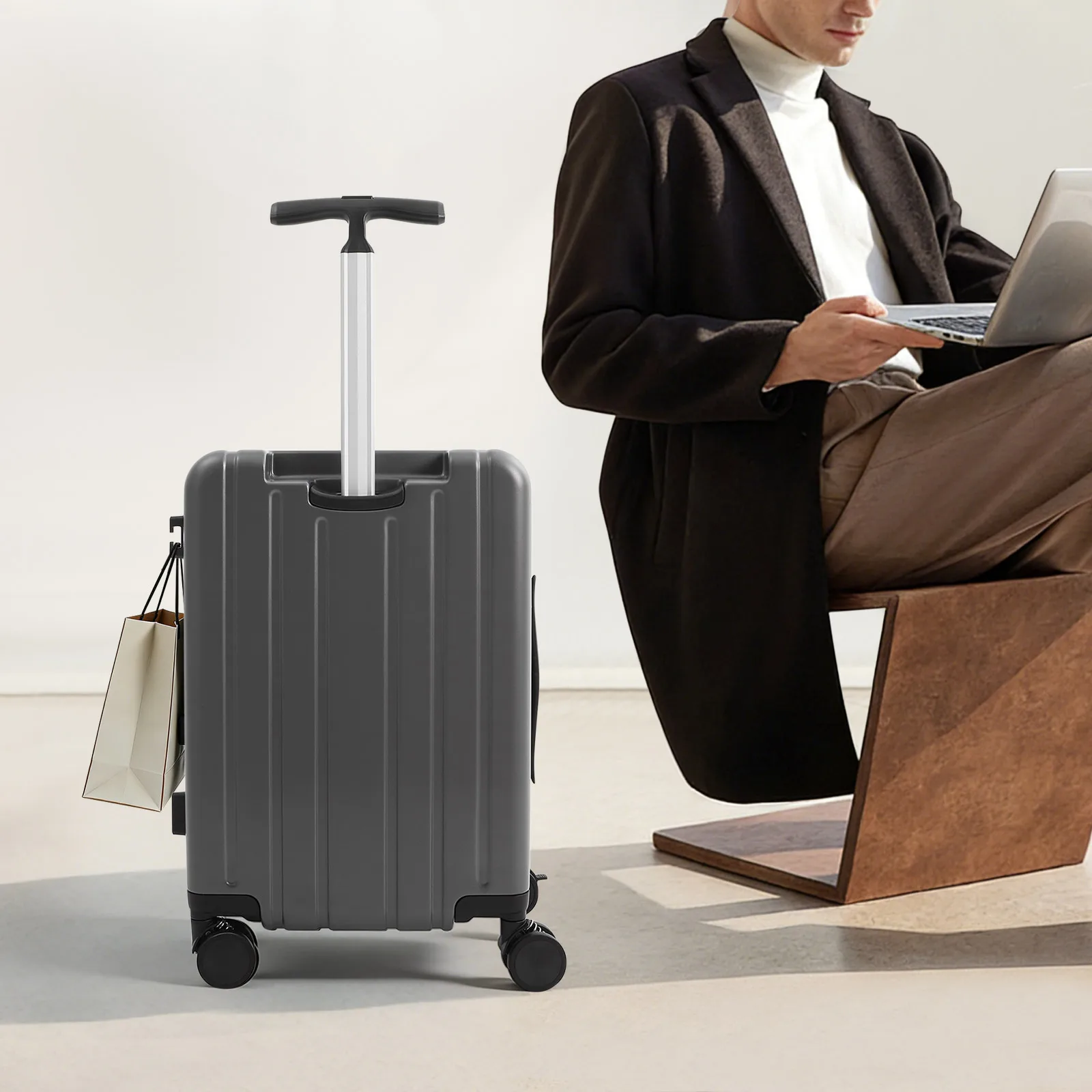 Double Handle Suitcase, 20 Inch Travel Luggage, with Mesh Pocket, Kids Ride-On Luggage with Seat, 4 Silent Wheels with Brake, 33.6Qt Large Capacity, Grey