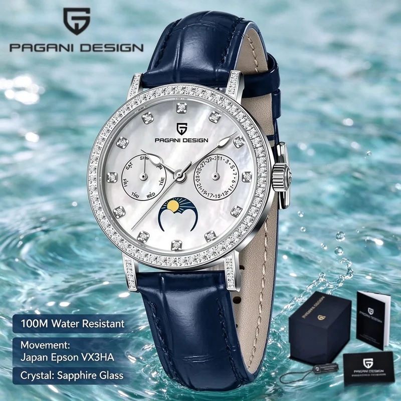 Multifunction Ladies Quartz Watch PAGANI DESIGN Waterproof Sapphire Crystal Small Second Moon Phase Calendar Wristclock