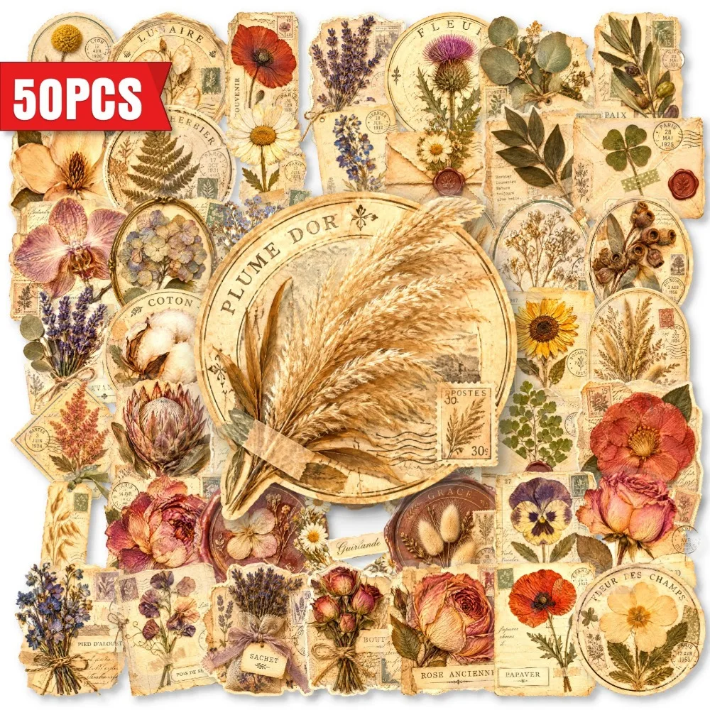 Floral Leaf Design Dried Flower Pattern Sticker Self Adhesive Aesthetic DIY Craft Sticker Waterproof Elegant Clear PET Decal