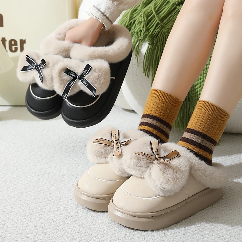 

Winter warm slippers plush bows at home anti-slip drag cute indoor couple thick sole plus velvet to prevent cold