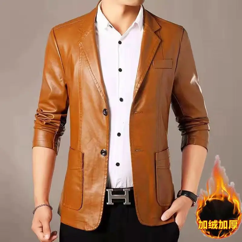 New Leather Suit Men Jacket Spring Autumn Korean Style Suit Collar High-end Casual Middle-aged Jacket Trendy Autumn Winter Thick