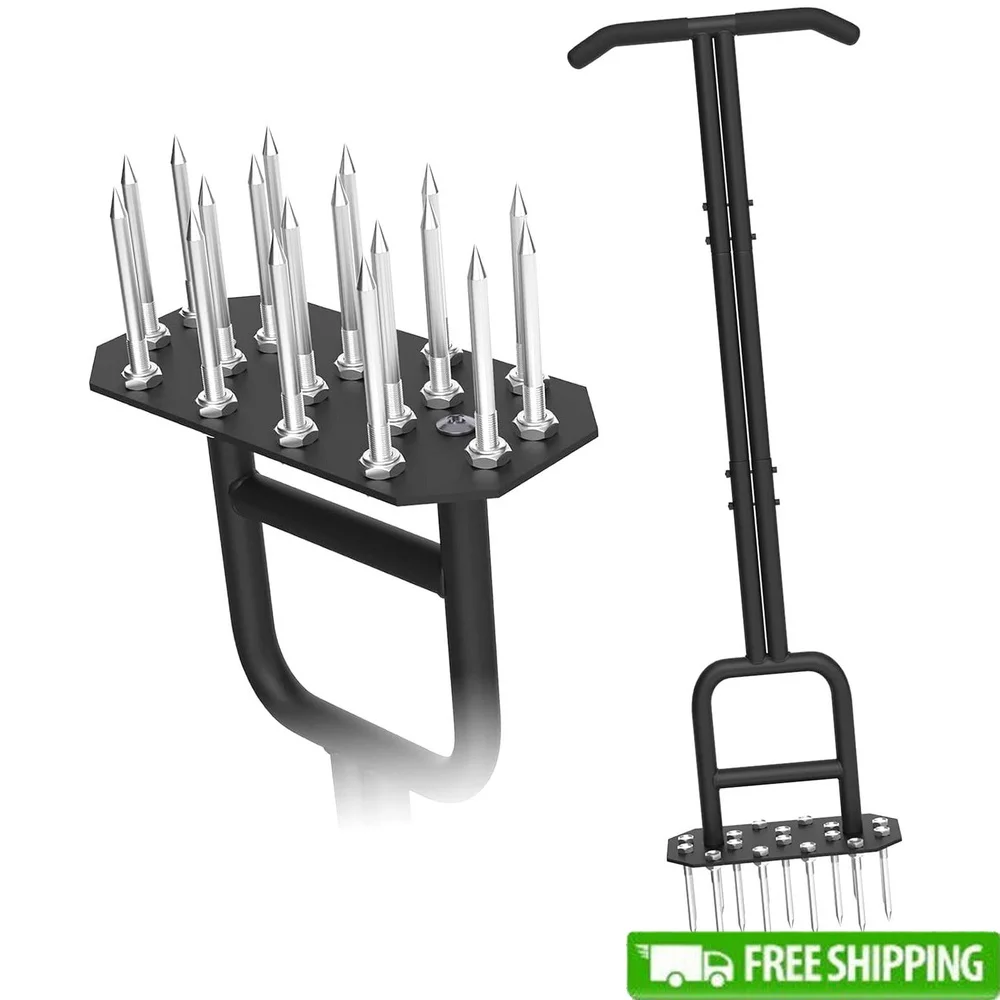 

Manual Lawn Aerator Spike Tool 18 Steel Spikes 38.8 Inch Dual-Pipe Handle T-Grip Ergonomic Yard Aeration Tool Gardens Lawns