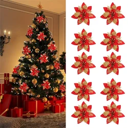 Glitter Artificial Flowers for Christmas Tree, Christmas Ornaments,Pink,Red,Gold, Xmas Decoration for Home, 14.5cm
