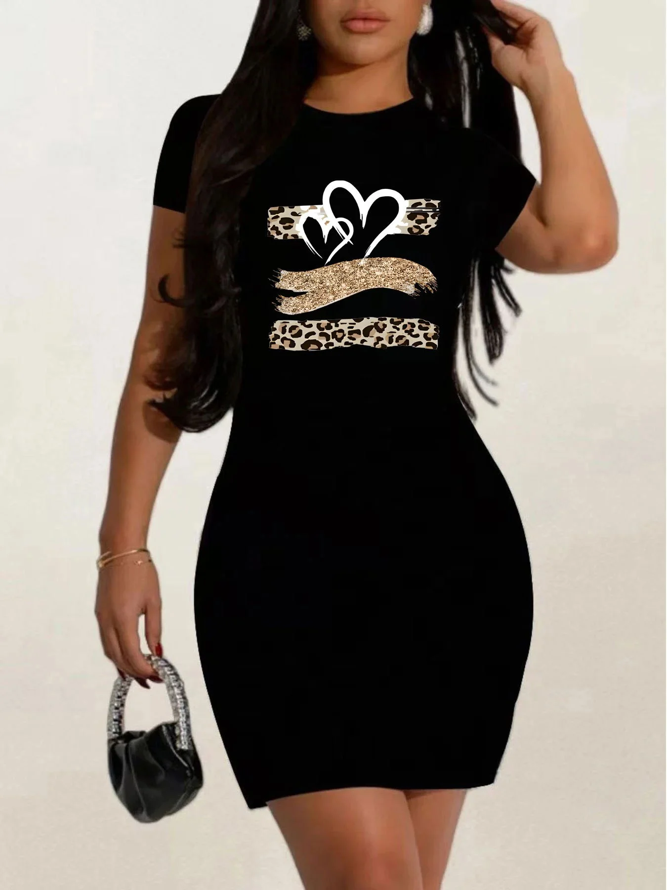 فستان نسائي صيفي بقصة ضيقة مرن باللونين الأبيض والأسود ورقبة دائرية وأكمام قصيرة فستان ميدي ملابس نسائية