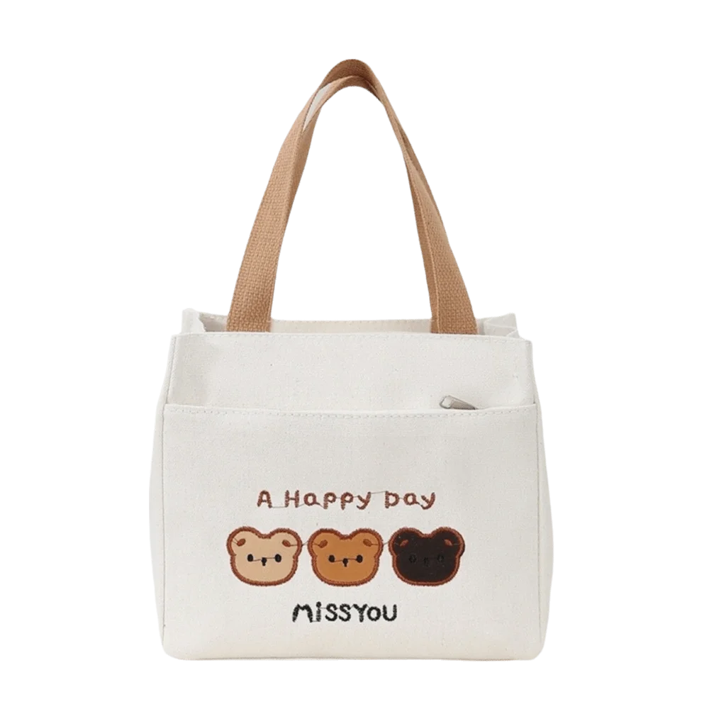 Casual Cute 3 Bears Embroidery Tote Bag Large Capacity Lightweight Canvas Lunch Bag Zipper Closure Reusable Handbag Office