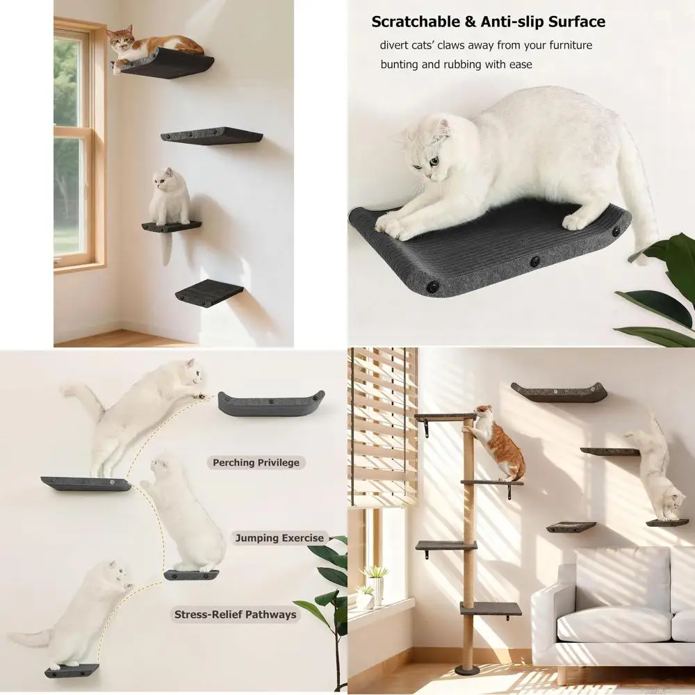 

Настенные полки для кошек, лежанки-когтеточки и система игровых комплексов (комплект из 4 штук, серый)