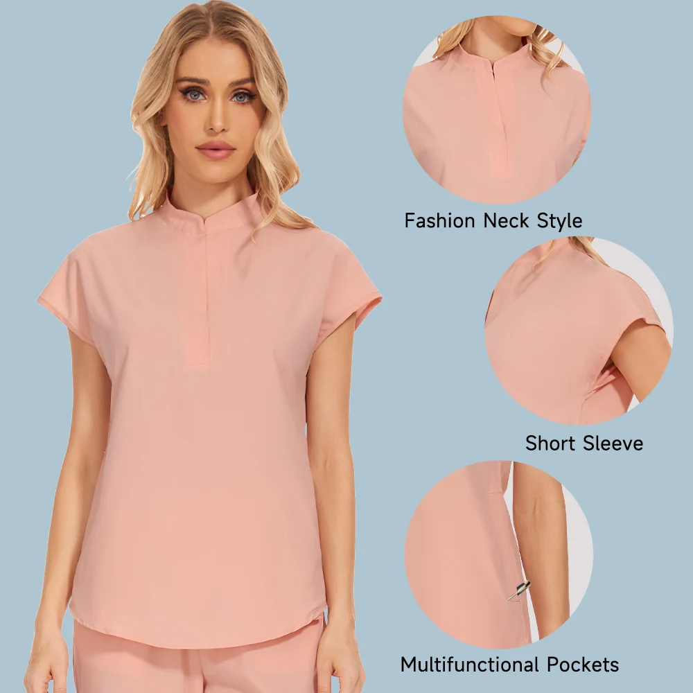 Uniformes de manga corta para mujer, blusa de cuello alto con bolsillos, ropa de trabajo, salón de belleza, Tops médicos, accesorios de enfermera