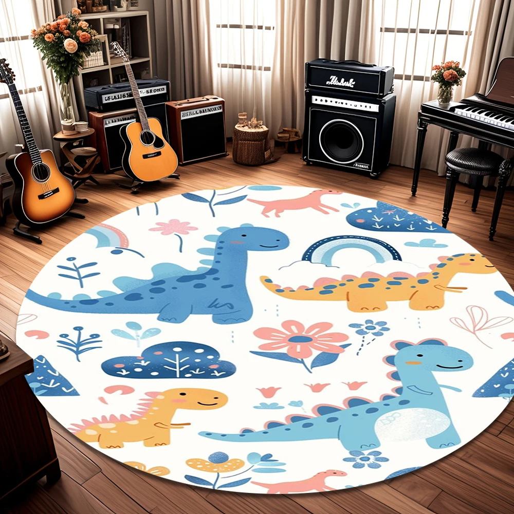 Niedlicher, verspielter, runder Kinder-Dekor-Teppich mit Cartoon-Dinosaurier-Motiv für Kinderspielzimmer, Kinderzimmer, Wohnzimmer, Heimdekoration, weich, rutschfest, langlebig