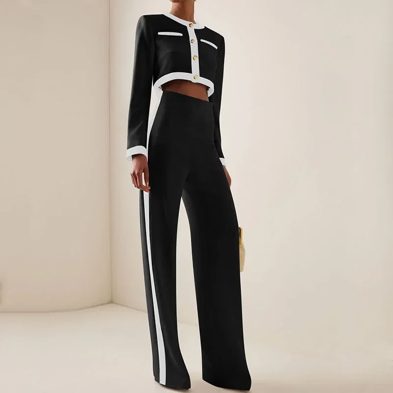 

Women Elegant Slim Office Outfit Fashion Contract Color Women's Set Show Style Long Sleeve Button Tops&High Waist Pants Suit