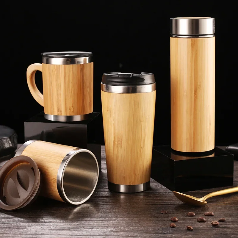 Stainless Steel Bamboo Vacuum Flask  Water Bottle with Flip Lid Eco-Friendly Travel Mug for Hot/Cold Beverages Sustainable