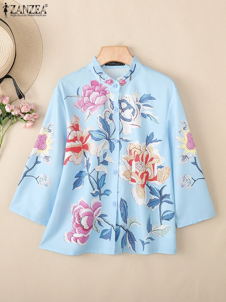 ZANZEA-camisas elegantes con estampado Floral para mujer, blusas informales con cuello levantado y manga 3/4 abotonada, camisas holgadas de otoño 2025 para mujer