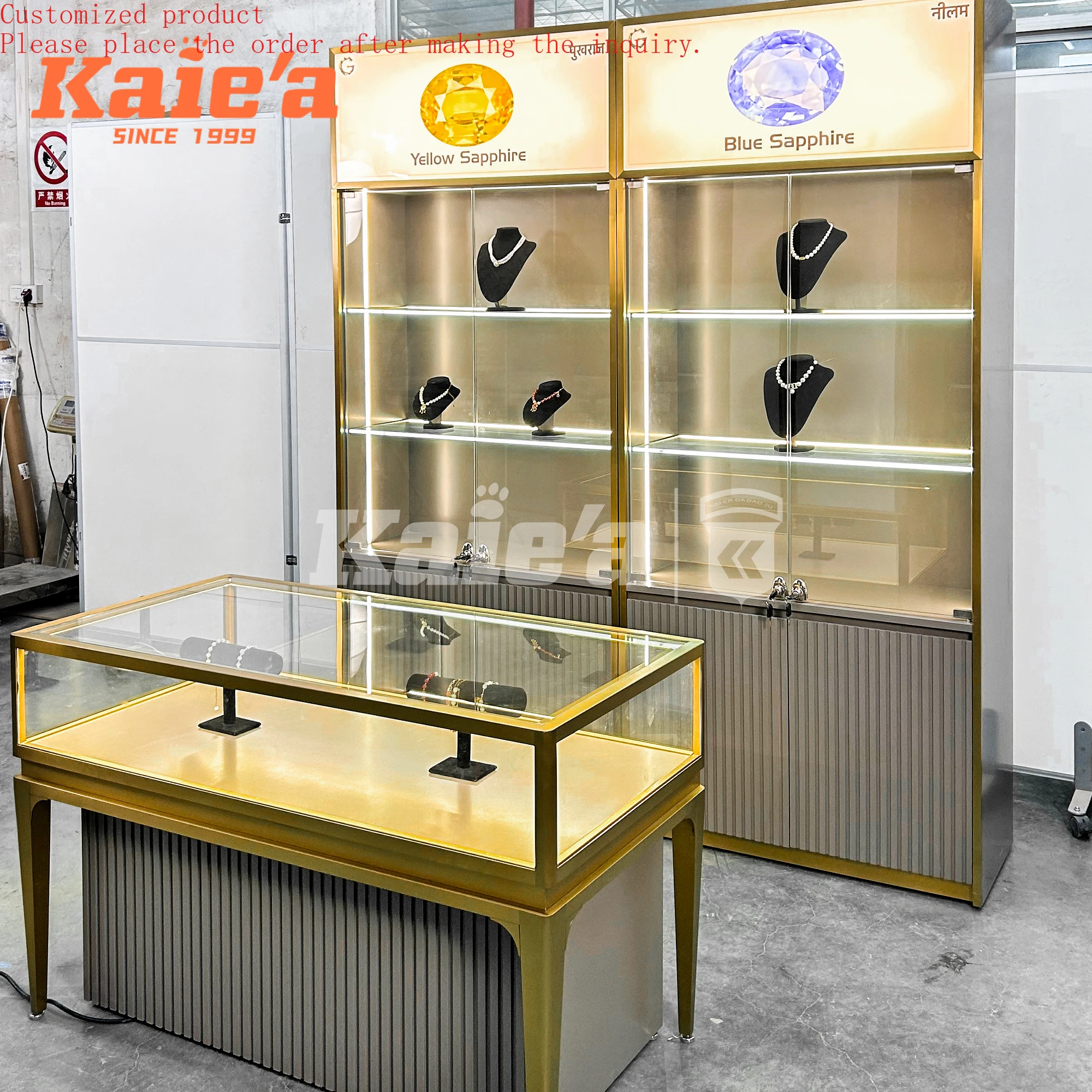 

Customised Shop Design Stainless Steel with Led Lights High End Jewelry Wall Display Cabinet Showcase