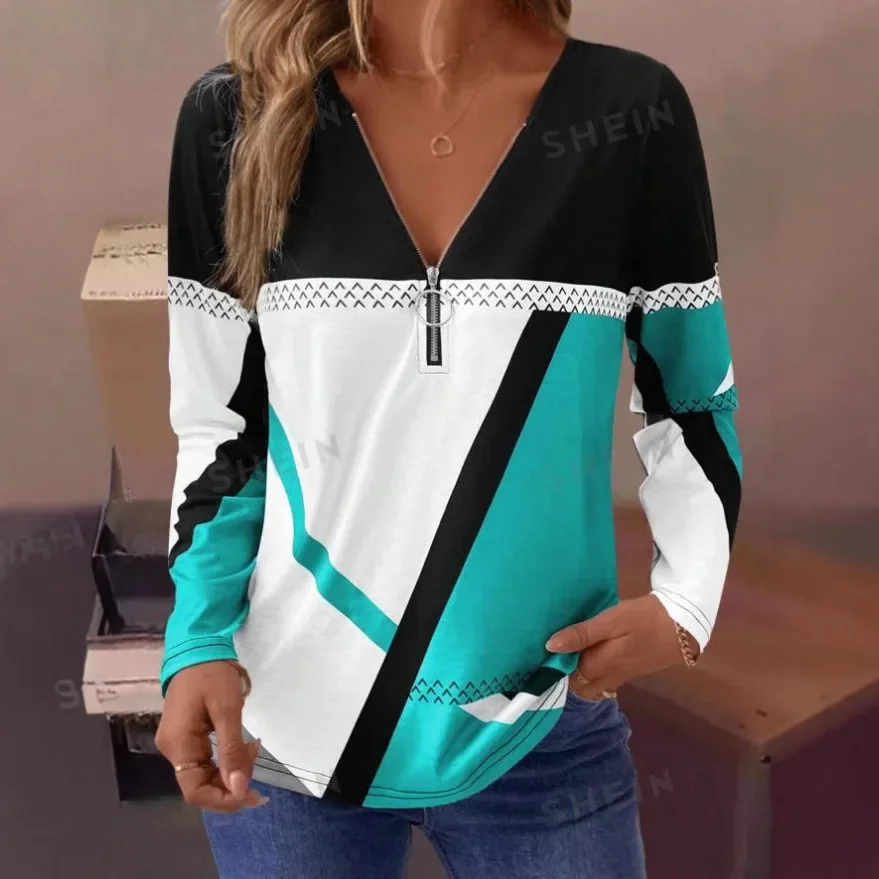Women's Casual Long Sleeve T-shirt Zipper Neck Geometry Print Full Polyester Fiber Regular Sleeve Length Chinese Origin