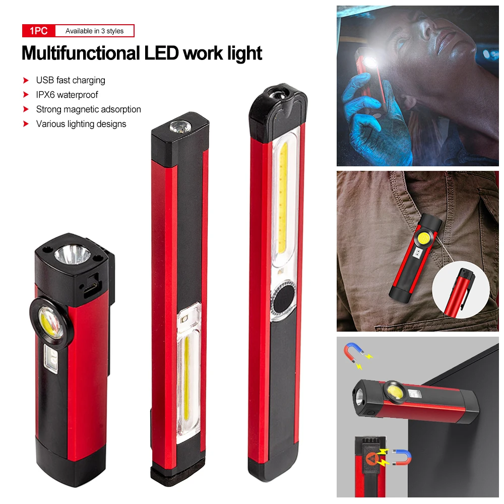 Powerful Work Light COB LED Flashlight Magnetic Work Lamp USB Rechargeable Torch Inspection Light with Red / White Light 4 Modes