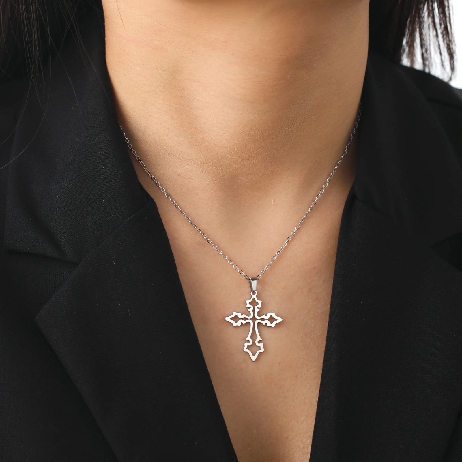 Skyrim Cross Pendant Necklace Women Stainless Steel Neck Chain Choker Jesus Crucifix Religious Christian Jewelry Birthday Gift