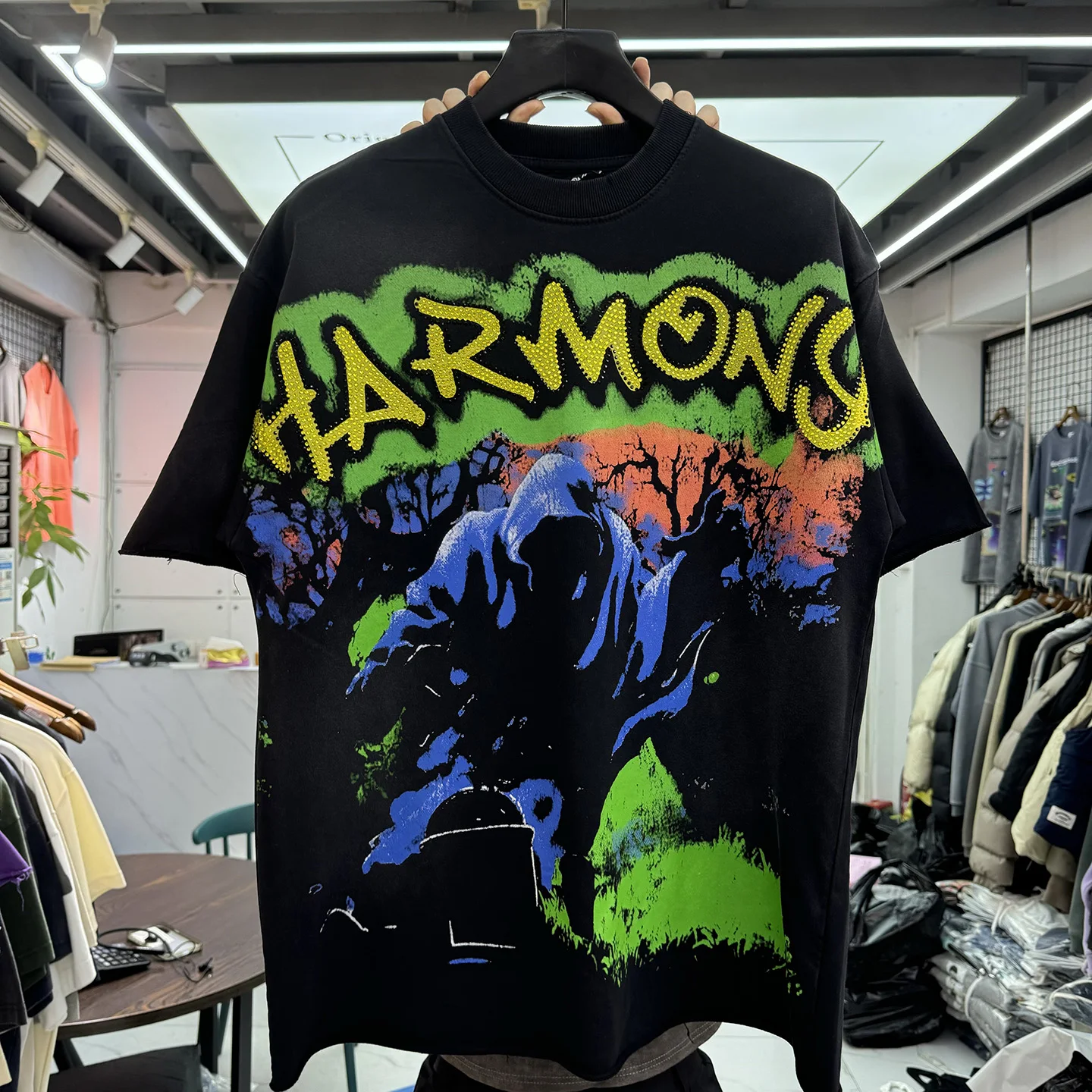 

Harmony American High Street Death Letter Print Rhinestone Short Sleeve Loose Washed Vintage Loop T-Shirt Unisex round Neck