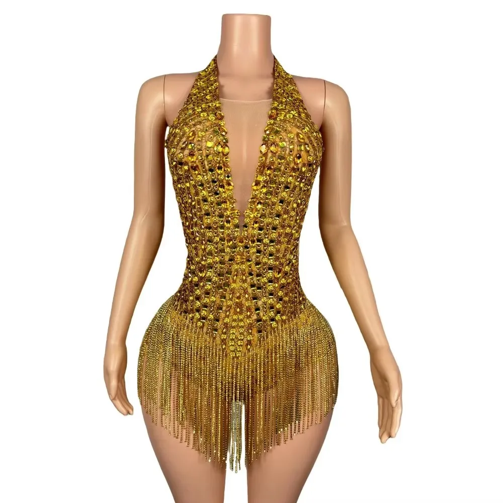 Sexy Backless Tassel Bodysuit Gold Deep V-neck Rhinestones Women Crystal Fringe Leotard Performance Dance Costume Bar Stage Wear