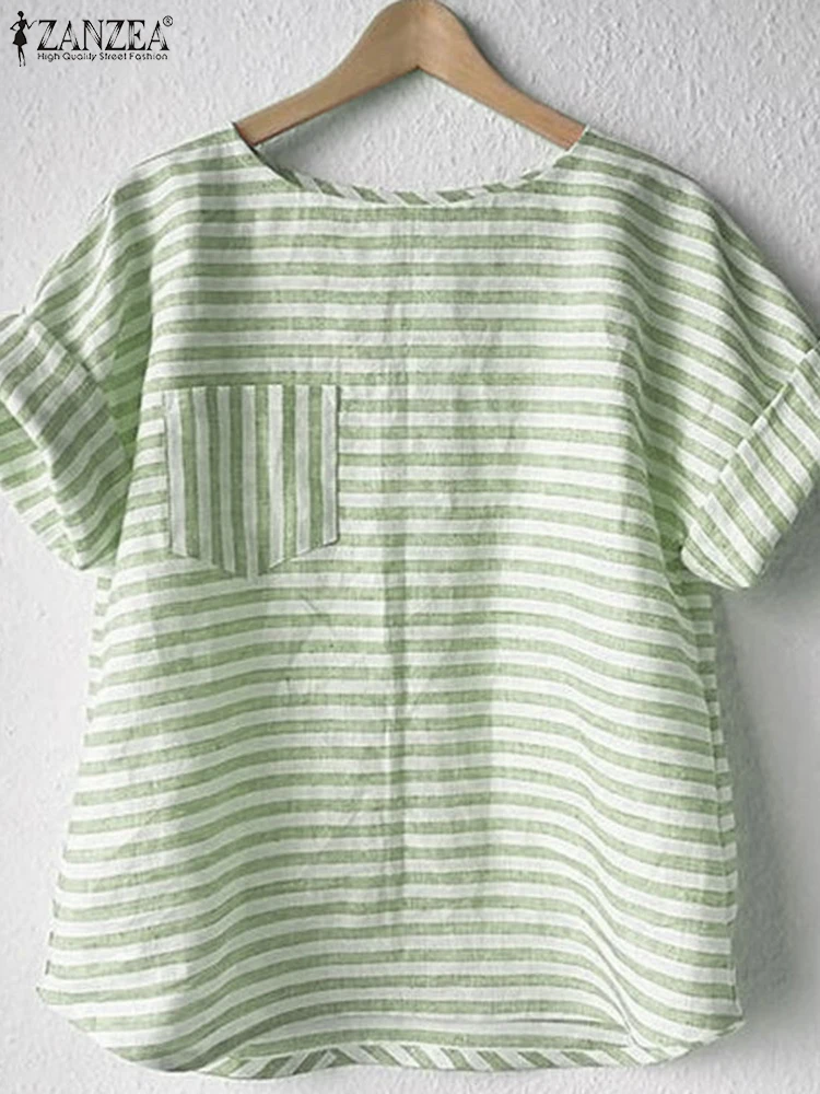 ZANZEA T-Shirts rayés femmes T-Shirts d'été 2025 décontracté ample col rond tuniques mode bohème imprimé T-shirts poche hauts