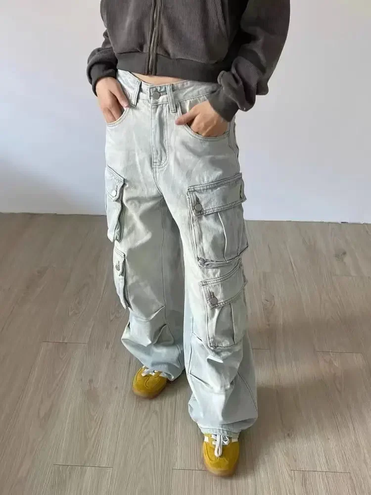 

Vintage Fashion Multi-Pocket Jeans Womens Autumn Wear Spice Overalls Loose Straight Wide Leg Pants Women