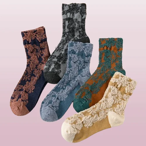 2024 New 5/10 Pairs Women's Socks Retro Style Women's Socks All-match Middle Tube Socks Brown Small Flower Ladies Cotton Socks