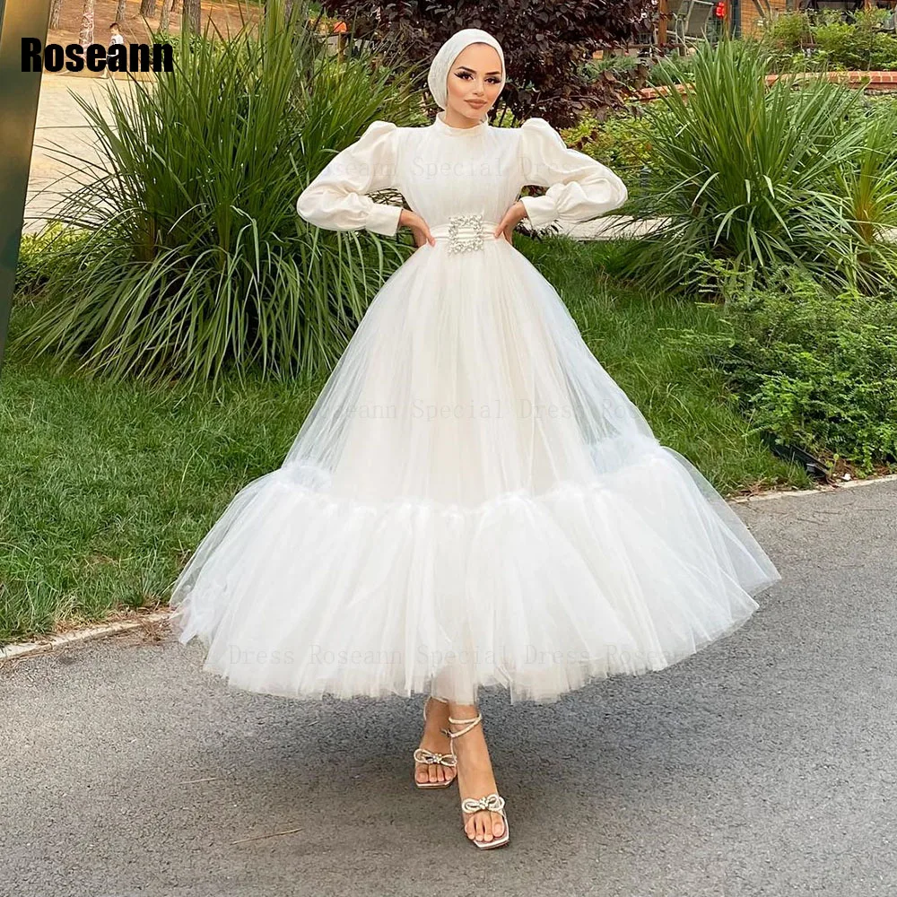 Robes de mariée A-Line à col haut en tulle drapé, robe de mariée pleine longueur, plis exquis, musulman, nouveau, 2024