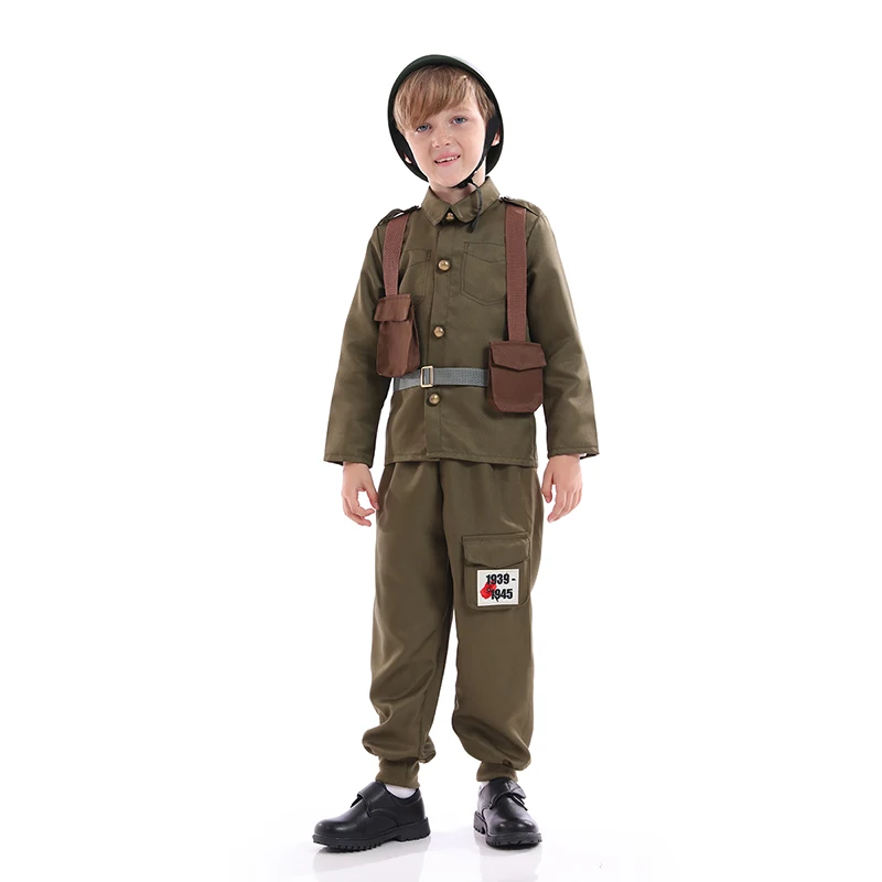 Army Soldier Costume Kid Military Uniform WWII Disguise with Helmet Boy Dress Up Halloween Cosplay Outfit