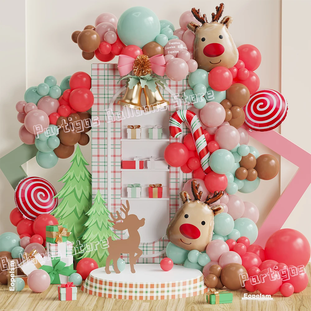 

119/123Pcs Christmas Balloon Garland Arch Kit Red Green Candy Cane Lollipop Gift Box Deer Helium Ballon Navidad Xmas Party Decor