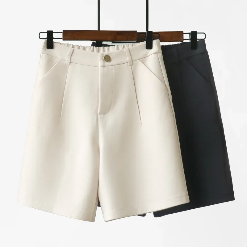 

Thin Beige Suit Shorts Women's Summer 2023 New High Waist Loose Wide Legs Straight Office Ladies Cropped Shorts Woman C09