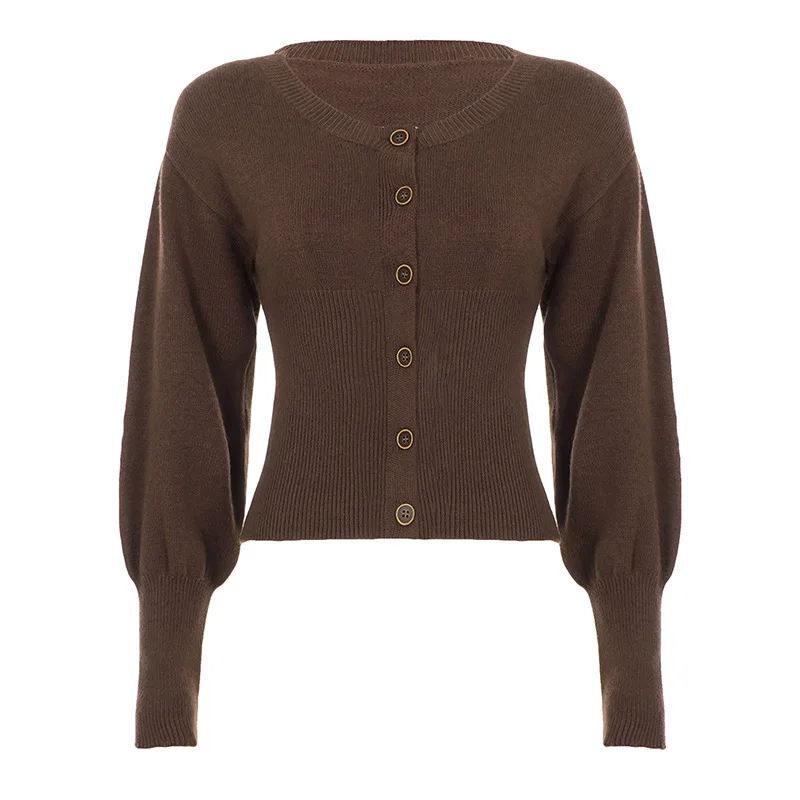 retro autumn and winter bubble sleeve cardigan round neck single breasted short section slimming knit jacket