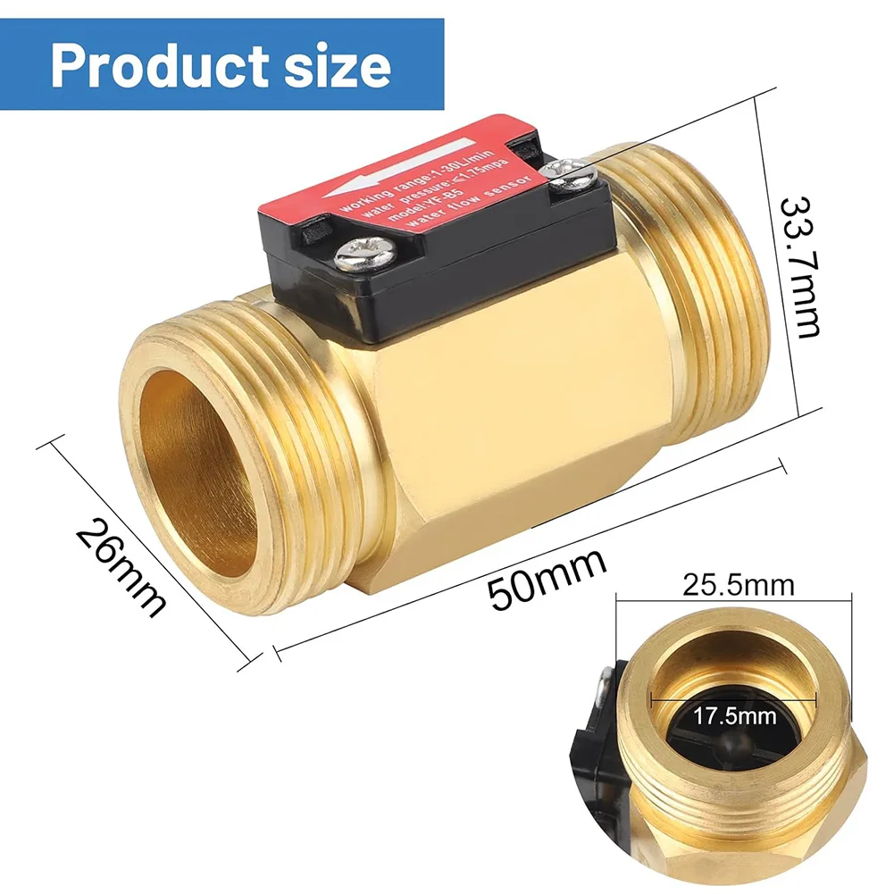 Water Flow Sensor Switch G3/4'' Fluid Flow Meter Water Control Brass DC 3.5-24V Use For Water Heaters YF-B5