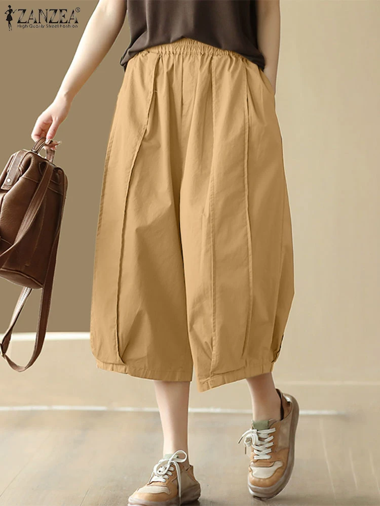 

2025 Summer Casual Elastic Waist Solid Baggy Pants ZANZEA Women Trousers Vintage Pleated Capris Elegant Loose Wide Leg Pantalon