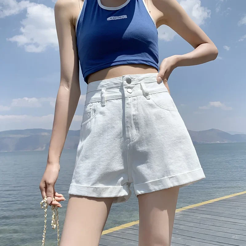 

White High Waisted Denim Shorts for Women's Summer Thin Style 2026 New Wide Leg Loose Slimming A-line Rolled Edge Hot Pants