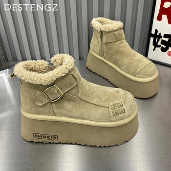 Pelz Plattform Frauen Stiefeletten Wohnungen Wildleder Warme Schuhe Frau Trend Designer Marke Kurze Plüsch Gemütliche Femme Schnee Botas