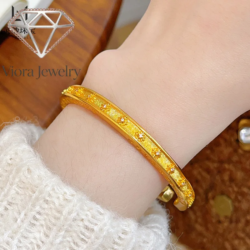 

Viora Jewelry Chinese style 24K real gold 9999 point diamond opening square bracelet brushed letter bracelet versatile classic t