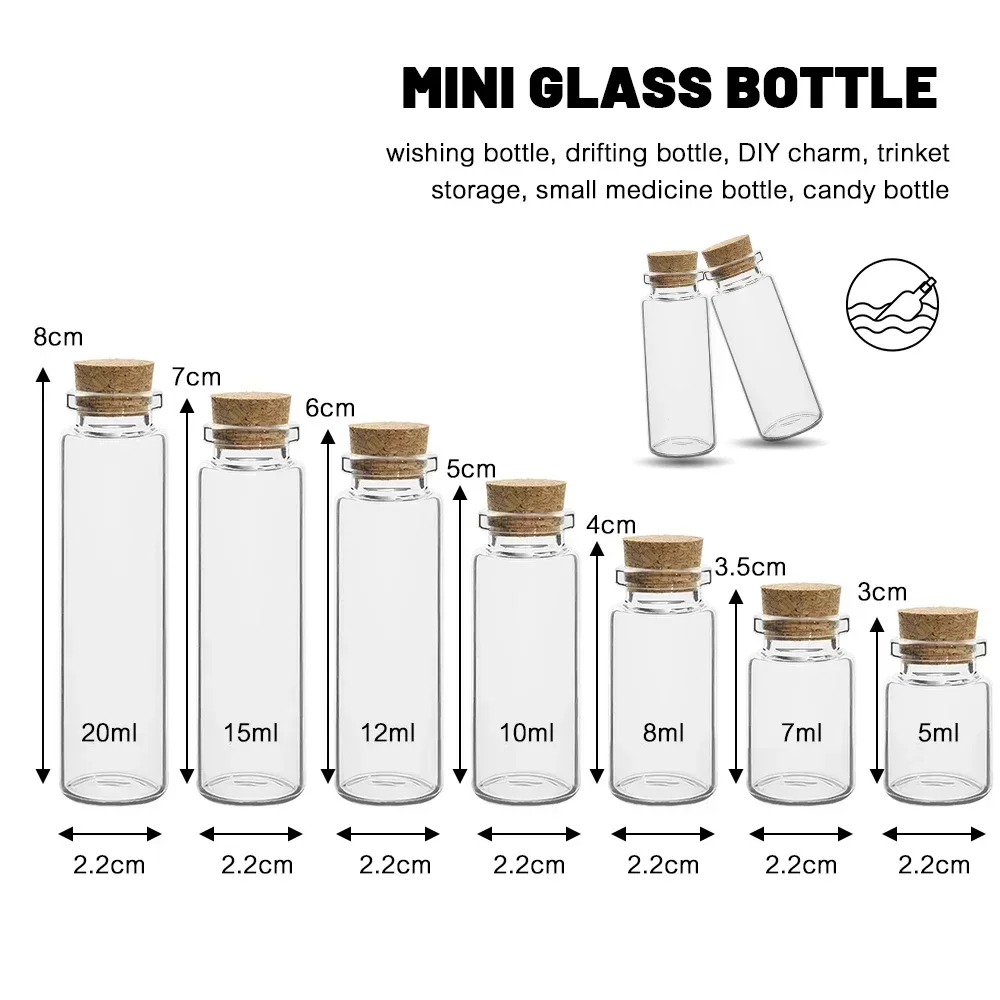 10pcs 5-20ml Mini Clear Glass Bottles with Cork Stopper Spice Message Vials Wish Bottle DIY Drifting Empty Tiny Jars Decoration