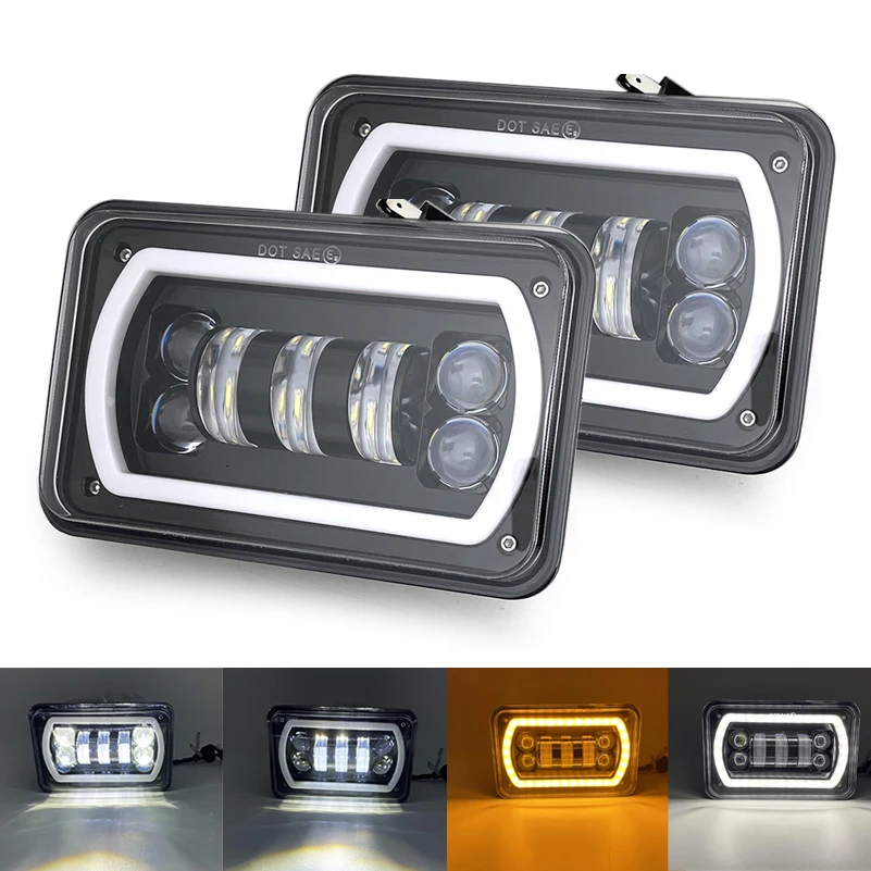 

2 pcs 4x6" Inch LED Headlights Hi/Lo Beam with White Amber DRL for H4651 H4652 H4656 H4666 Car Truck Conversion Offraod.