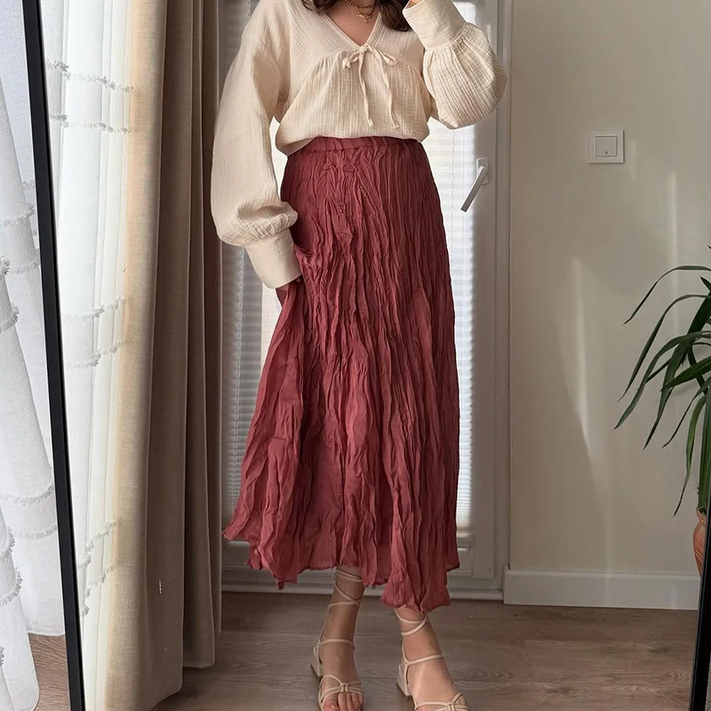 Amerikanischen Retro Lange Plissee Röcke für Frauen Frühling Herbst Dünne Elegante Maxi Rock Frau Mode Street Party Casual Midi Röcke