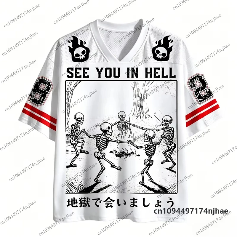 2026 New Harajuku Hell Vision Skull Print Halloween T-shirt For Children Summer Sports V-neck Tees Casual Kids/Adult Tops