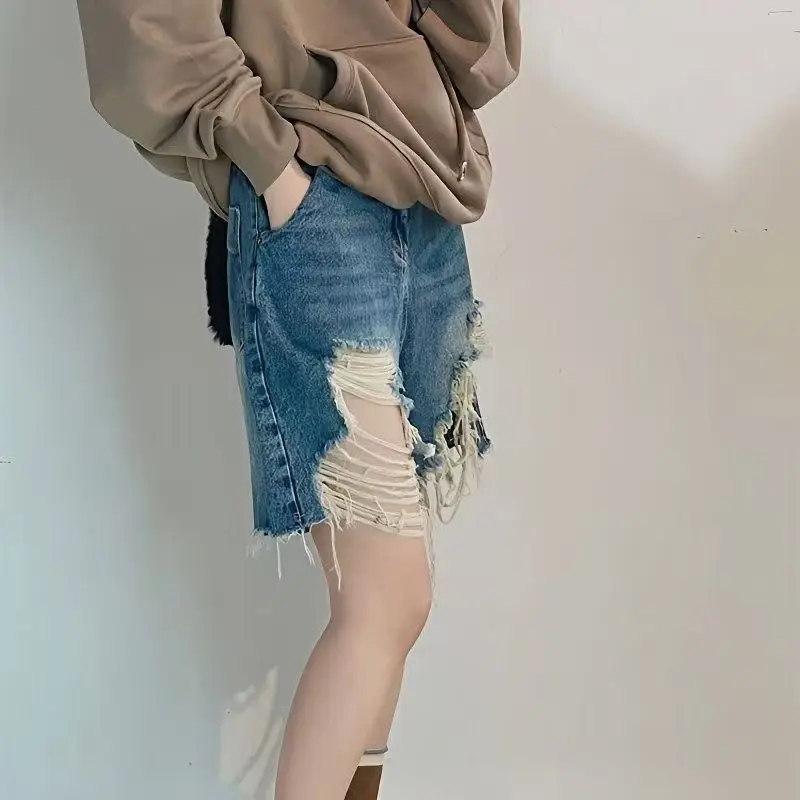 

ruffian handsome fried street ripped beggar denim shorts children's new rough edge wide legs loose thin five-point pants