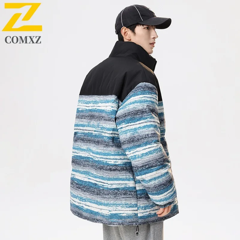 COMXZ Men Casual Color Block Reversible Jacket Stand Collar 2025  American Style New Thick Warm Cotton-Padded Winter Sports Coat